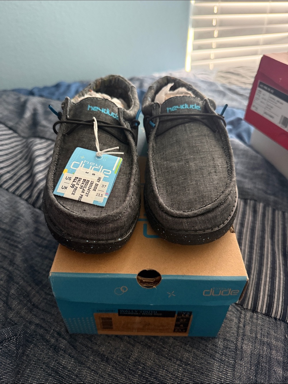 NEW Hey Dude Kids Slip-On Shoes in Charcoal with Blue Accents